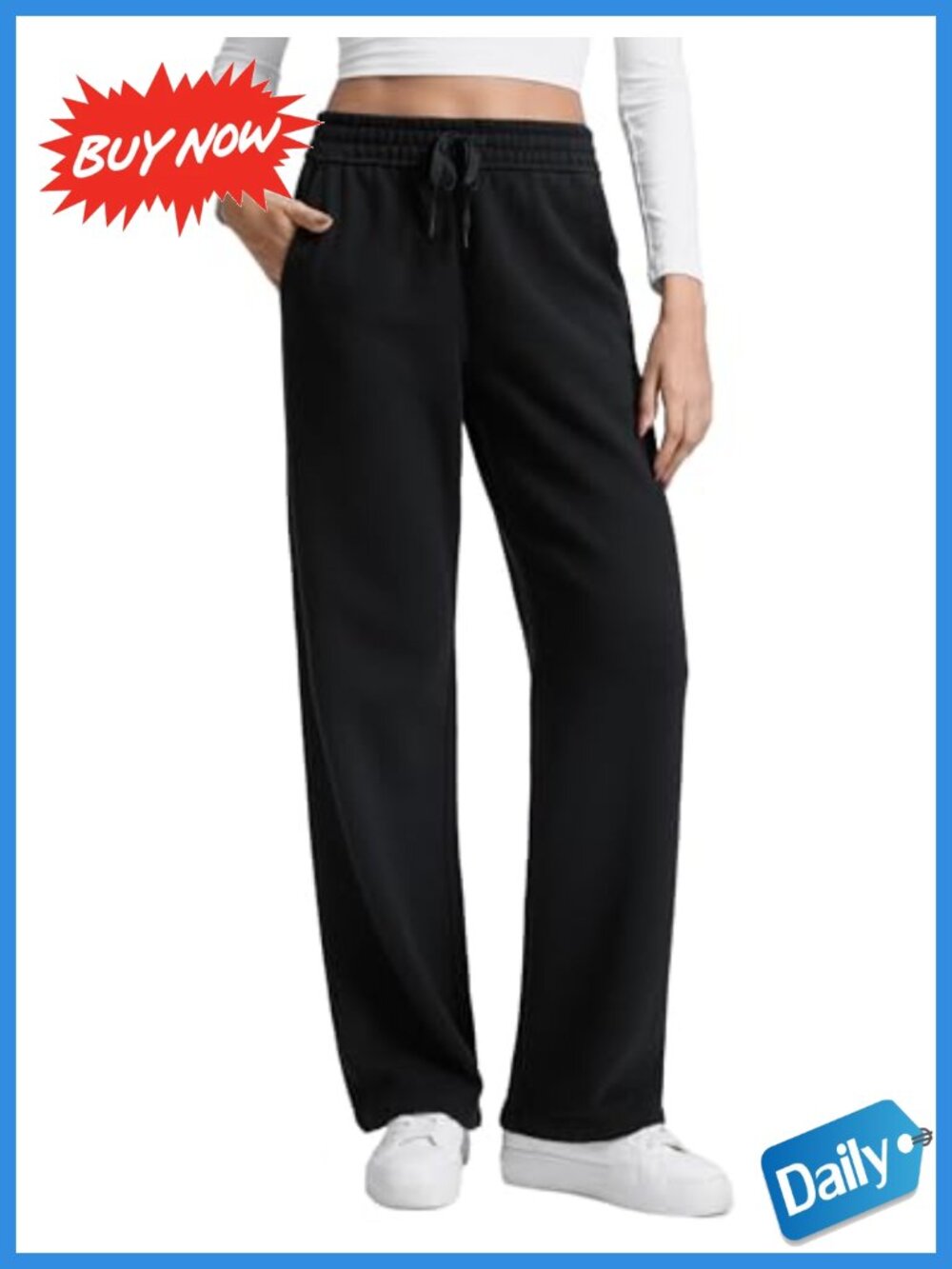 Fleece Lined Cotton Blend Straight Leg Sweatpants High Rise Drawstring